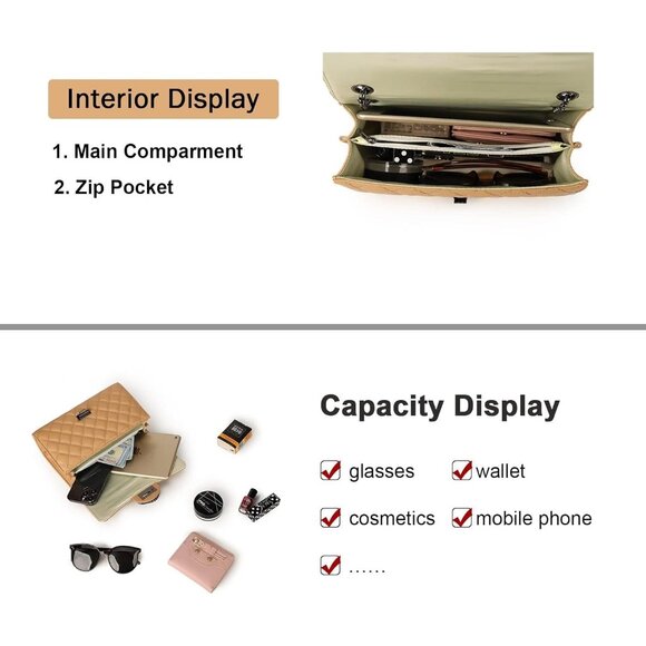 Women Light Khaki Quilted Stylish Crossbody Bag with Chain Strap & Flap Closure - Picture 4 of 6